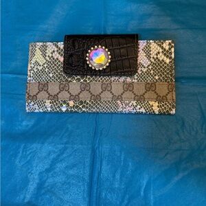 Designer Snake Print Wallet Clutch with Black Croc Flap